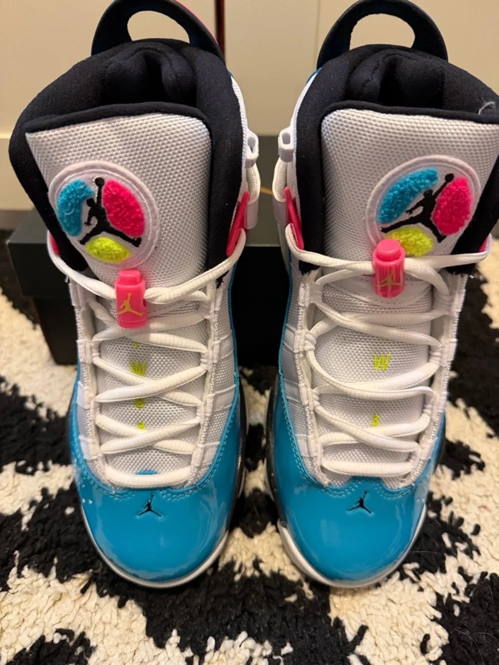 Jordan Kids Blue White Pink Neon Accent Sneakers - Picture 2 of 7